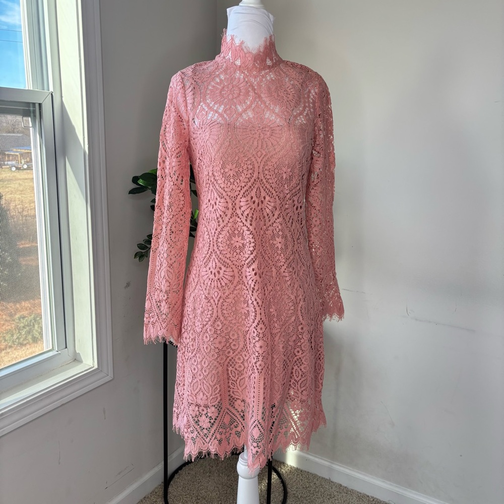BN6 Coquette Romantic Coral Pink Lace Mock Neck Shift Dress XS Party Formal